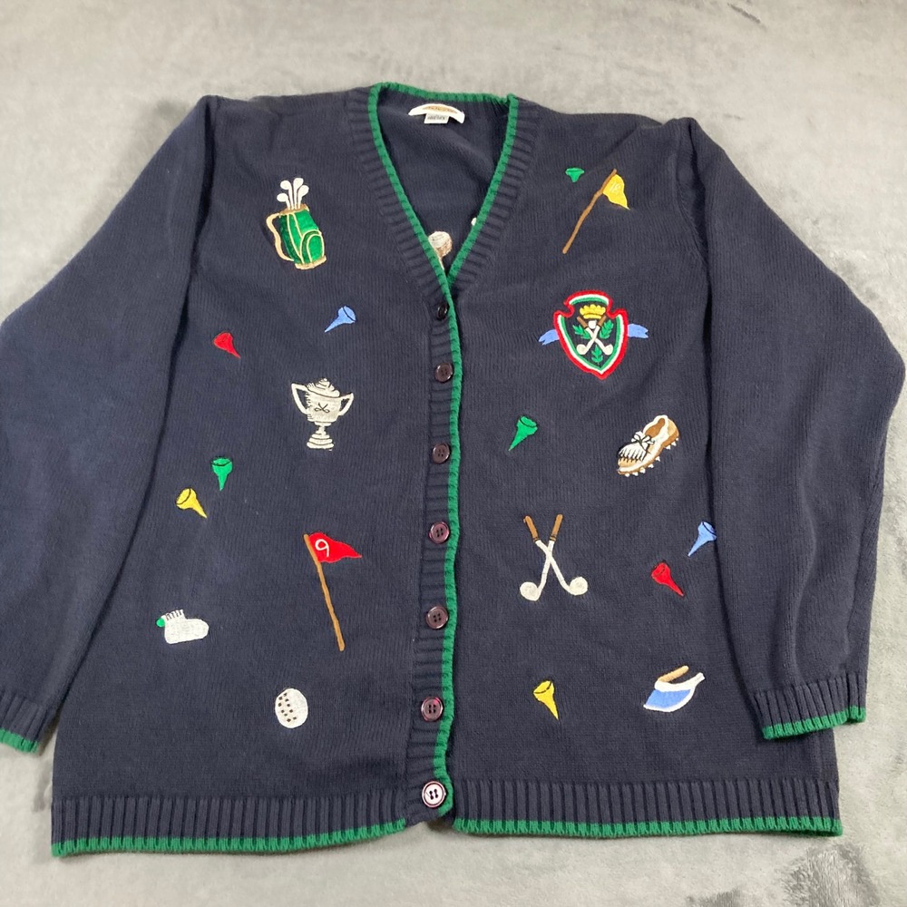 Vintage Talbots Golf Embroidered Cardigan Sweater Navy Blue Cotton Large